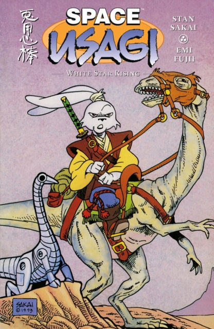 Space Usagi rides a dinosaur with a robot dinosaur nearby.