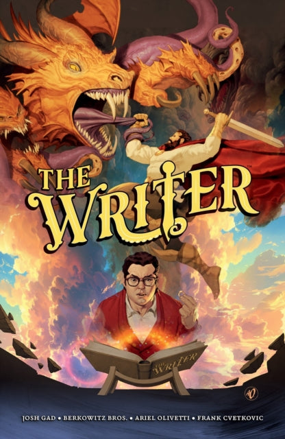 The Writer comic book cover features a dragon, a swordsman, and a man reading a book.