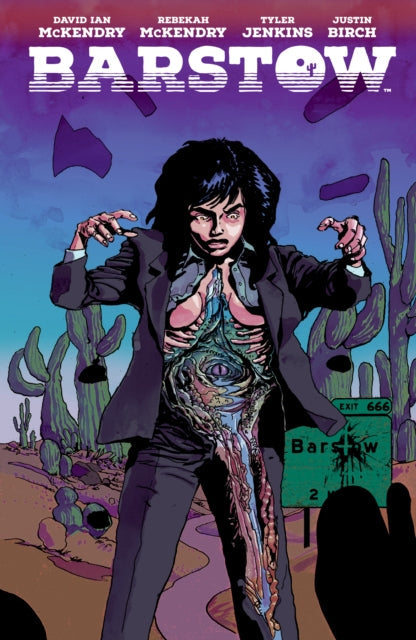 A comic book cover titled Barstow features a grotesque figure in a suit in a desert landscape.