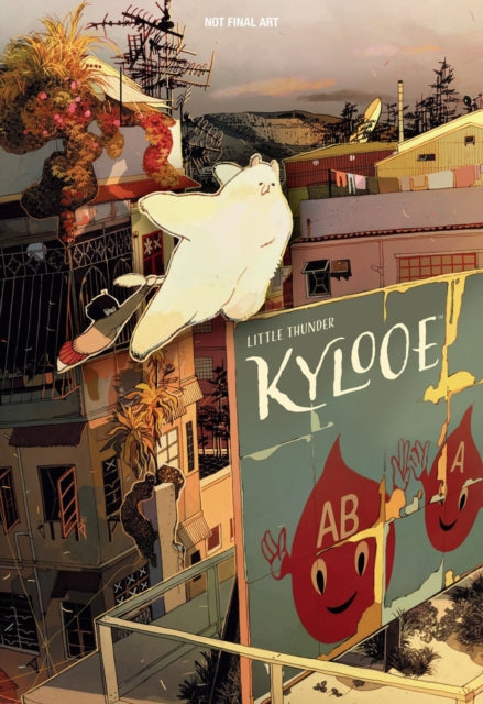 A comic book cover featuring a white creature and a billboard for Kylooe.