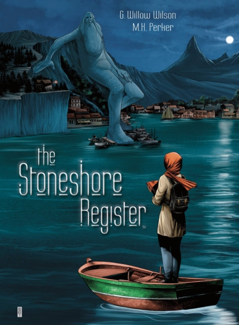 The cover of The Stoneshore Register features a giant statue overlooking a town and a person in a boat.