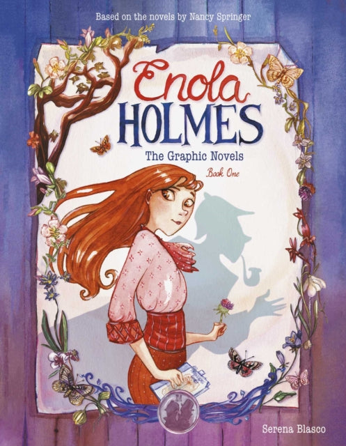 Enola Holmes graphic novel volume 1 cover art with Enola and a shadowy figure.