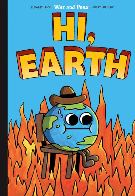 A cartoon Earth wearing a cowboy hat sits on a chair surrounded by flames.