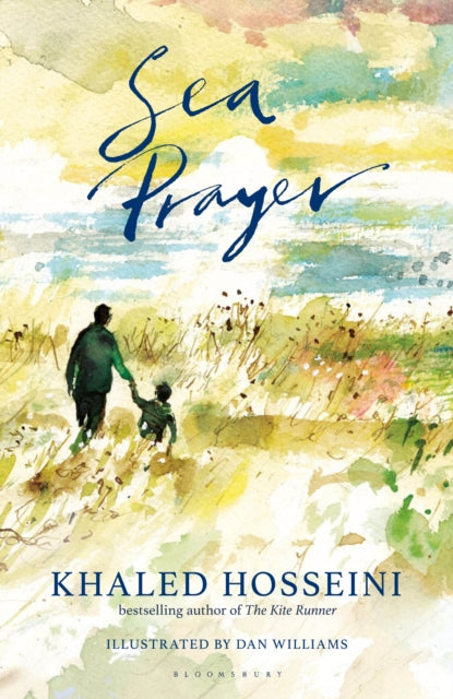Sea Prayer book cover with watercolor illustration of father and son on a beach.