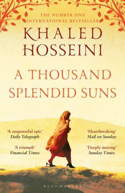 A Thousand Splendid Suns book cover with a woman walking in a desert landscape.