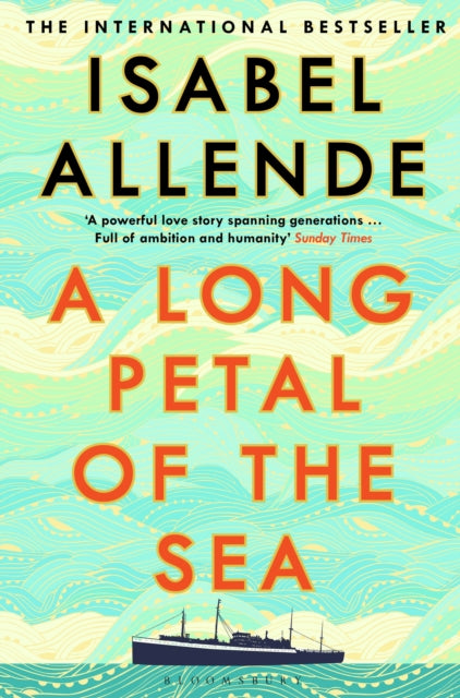 A Long Petal of the Sea book cover with a ship on wavy water.