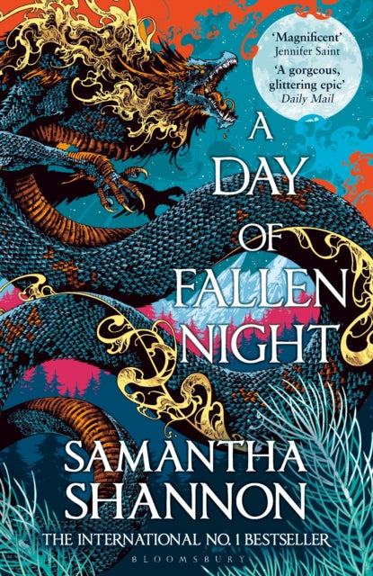 Book cover for A Day of Fallen Night featuring a dragon and title.