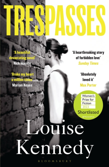 Book cover for Trespasses by Louise Kennedy, featuring a woman leaning against a brick wall.