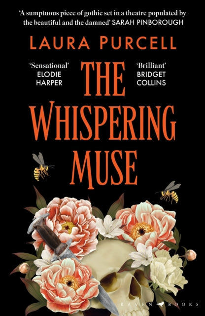 A book cover for The Whispering Muse by Laura Purcell, featuring a skull, flowers, and bees.
