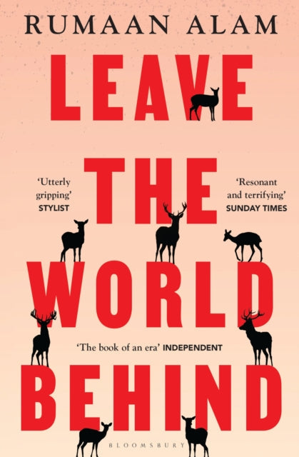 Leave the World Behind book cover with red text and deer silhouettes.