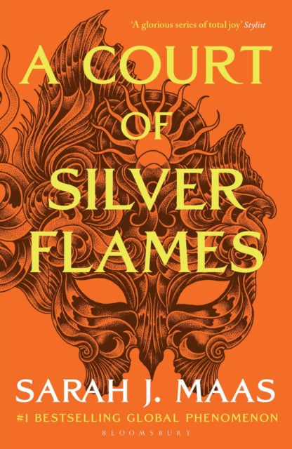 A Court of Silver Flames book cover with orange background and yellow text.