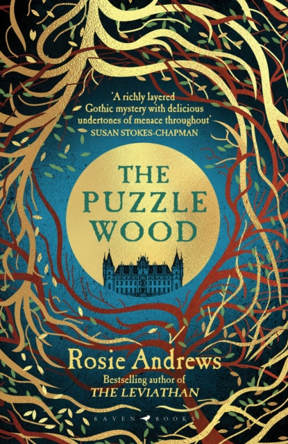 The Puzzle Wood book cover features a dark forest scene with gold and red branches framing a circular image of a castle.