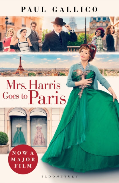 Book cover for Mrs. Harris Goes to Paris featuring a woman in a green dress.