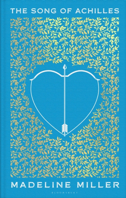 The Song of Achilles book cover with a blue background and gold leaf design.