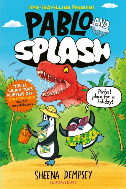 A children's book cover featuring time-traveling penguins and a dinosaur.