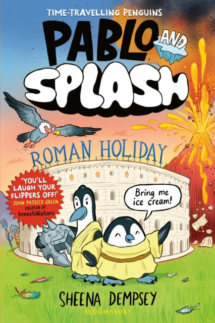 A children's book cover featuring penguins in Roman attire with a volcano erupting.