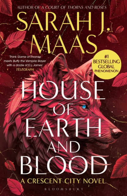 House of Earth and Blood book cover with a wolf and red leaves.