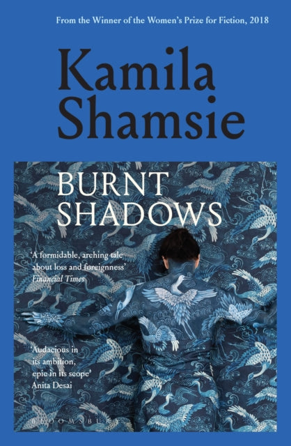 Burnt Shadows book cover with a person covered in a crane pattern.