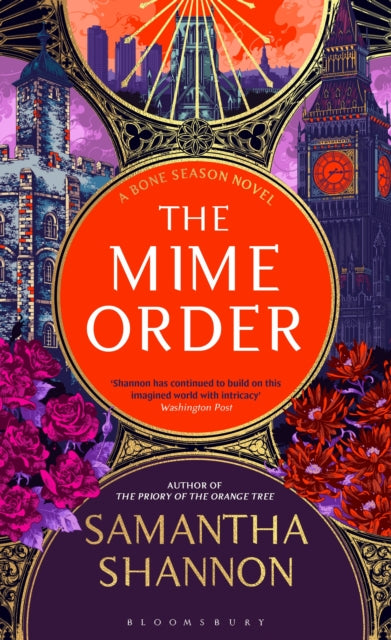 The Mime Order book cover featuring a circular design with buildings and flowers.