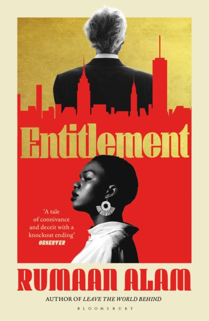 Book cover for "Entitlement" by Rumaan Alam, featuring a woman and a cityscape.