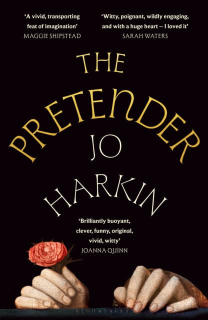 The Pretender book cover with quotes and hands holding a rose.