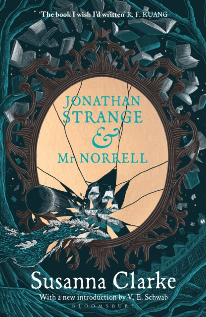 Jonathan Strange & Mr Norrell book cover with a cracked mirror reflecting ships and a moon.
