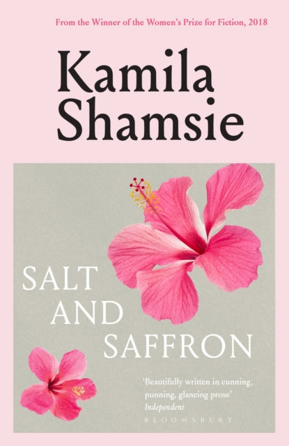 Book cover for "Salt and Saffron" by Kamila Shamsie with hibiscus flowers.