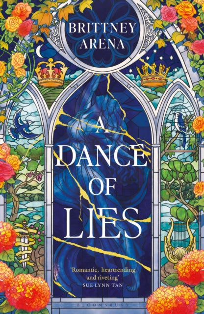 A Dance of Lies book cover featuring stained glass art and floral elements.