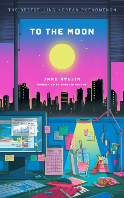 Book cover for "To the Moon" featuring a desk with a computer and city skyline.