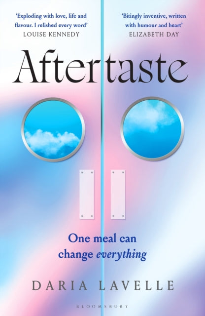 Book cover for Aftertaste by Daria Lavelle, featuring two circular windows showing clouds.