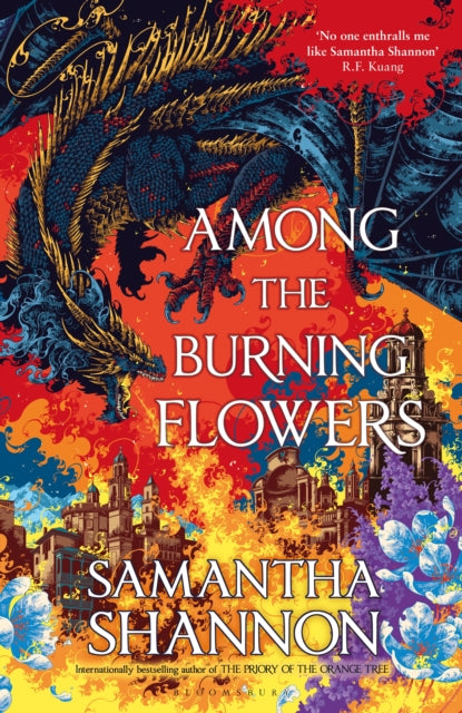 Book cover for Among the Burning Flowers featuring a dragon and a city.