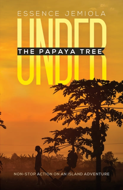 Book cover for "Under the Papaya Tree" with a sunset and silhouettes.