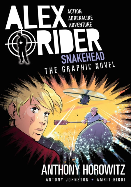 Alex Rider Snakehead graphic novel cover art with characters and a helicopter.