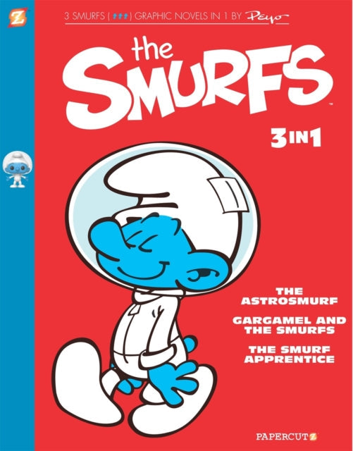 The Smurfs 3-in-1 graphic novel featuring a Smurf in a spacesuit.