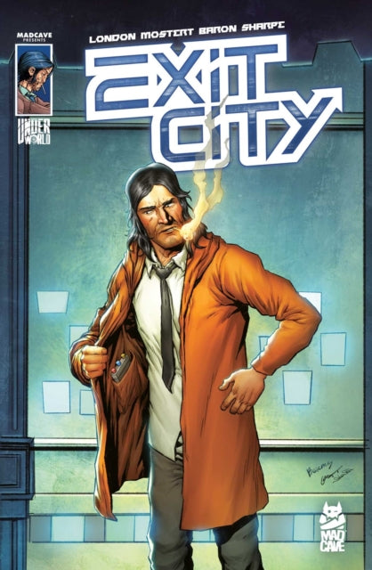 Exit City Vol. 1 comic book cover featuring a man in an orange coat.