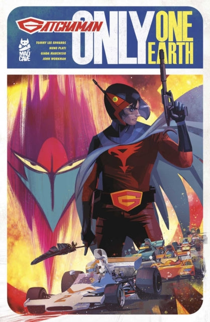 Gatchaman: Only One Earth comic cover featuring a superhero and race cars.