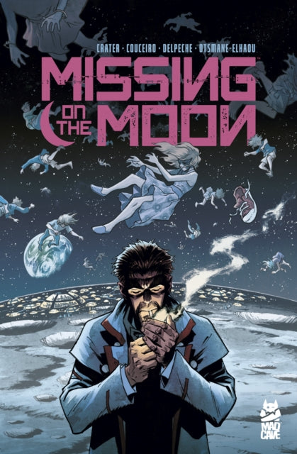 Missing on the Moon comic book cover featuring a man smoking on the moon with people floating in space.