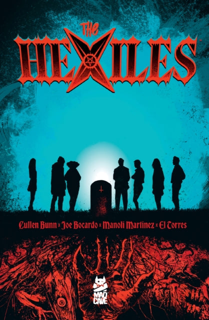 The Hexiles comic book cover features a title, silhouettes of people, and a tombstone.