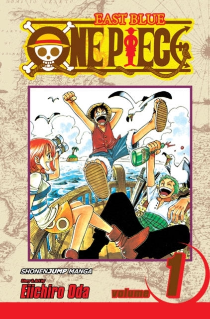 One Piece, Vol. 1 manga cover featuring Luffy, Nami, and Zoro on a ship.
