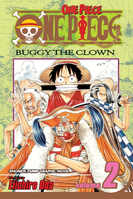 One Piece, Vol. 2 graphic novel featuring Monkey D. Luffy and other characters.