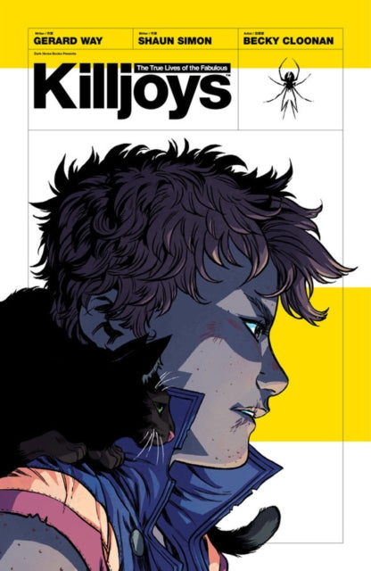 Comic book cover featuring a person with a black cat and a spider illustration.