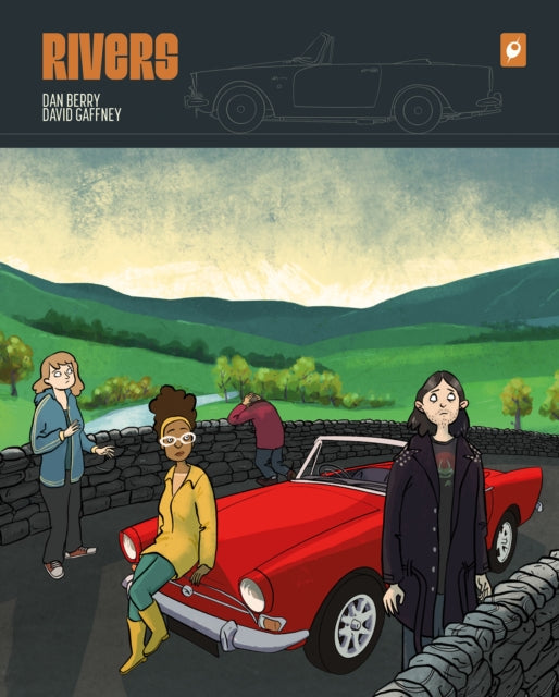 Comic book cover titled Rivers with people and a red car in a landscape.