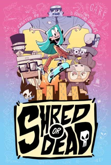 A colorful cartoon poster for "Shred or Dead" featuring various characters and a cityscape.