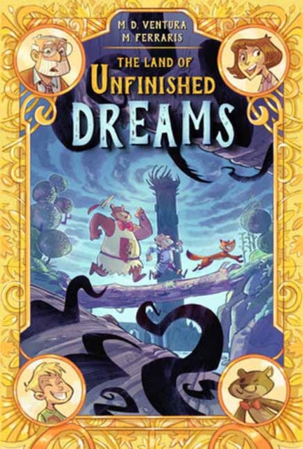 The Land of Unfinished Dreams book cover features cartoon characters and a fantasy landscape.
