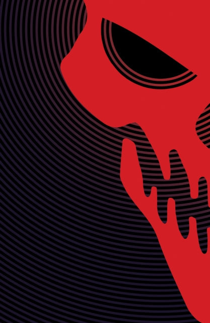 A red, stylized skull with black accents against a dark, concentric circle background.