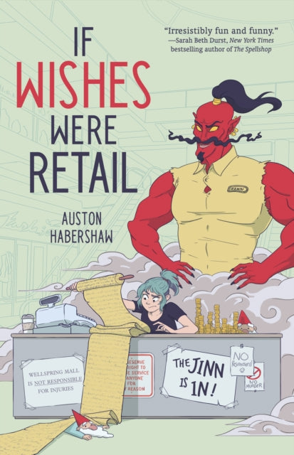 Book cover for "If Wishes Were Retail" featuring a genie and a cashier.