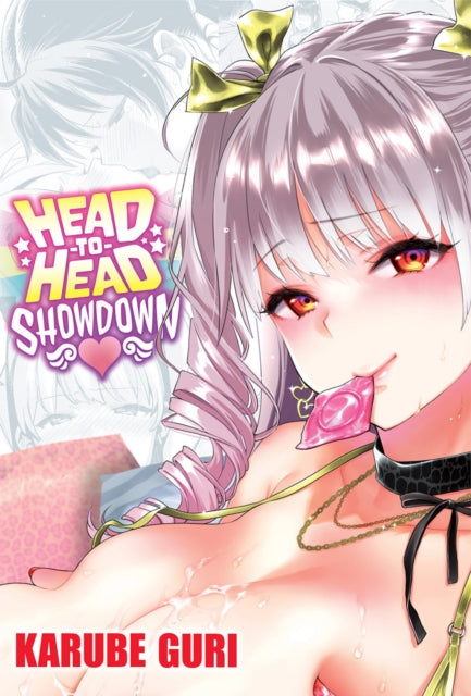 Manga cover art of an anime girl with pink hair and a condom in her mouth.