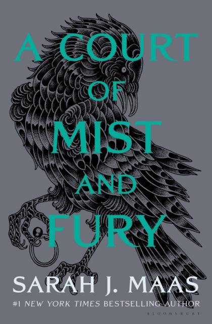A Court of Mist and Fury book cover with a black bird illustration.