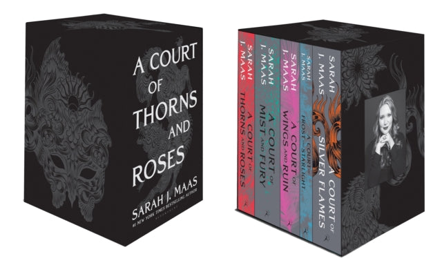 A Court of Thorns and Roses hardcover box set with five books and author portrait.