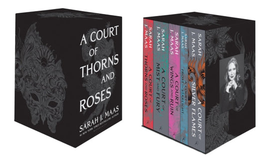 A Court of Thorns and Roses hardcover box set with five books and author portrait.